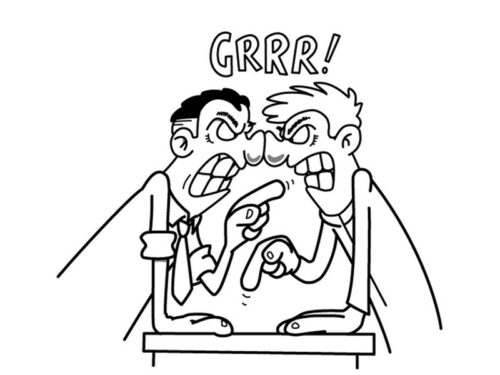 Zwei Männer stehen sich gegenüber, drücken ihre Nasen aneinander und schauen böse. Über ihnen steht das Wort 'GRRR', was auf einen Streit hinweist.
