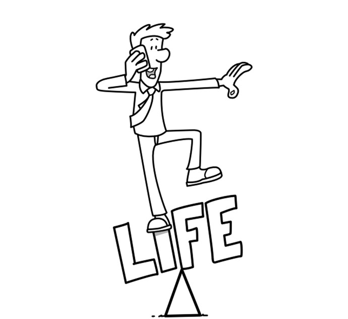 Mann telefoniert und balanciert auf einem Dreieck, das mit 'Life' beschriftet ist, was das Gleichgewicht zwischen Arbeit und Privatleben symbolisiert.